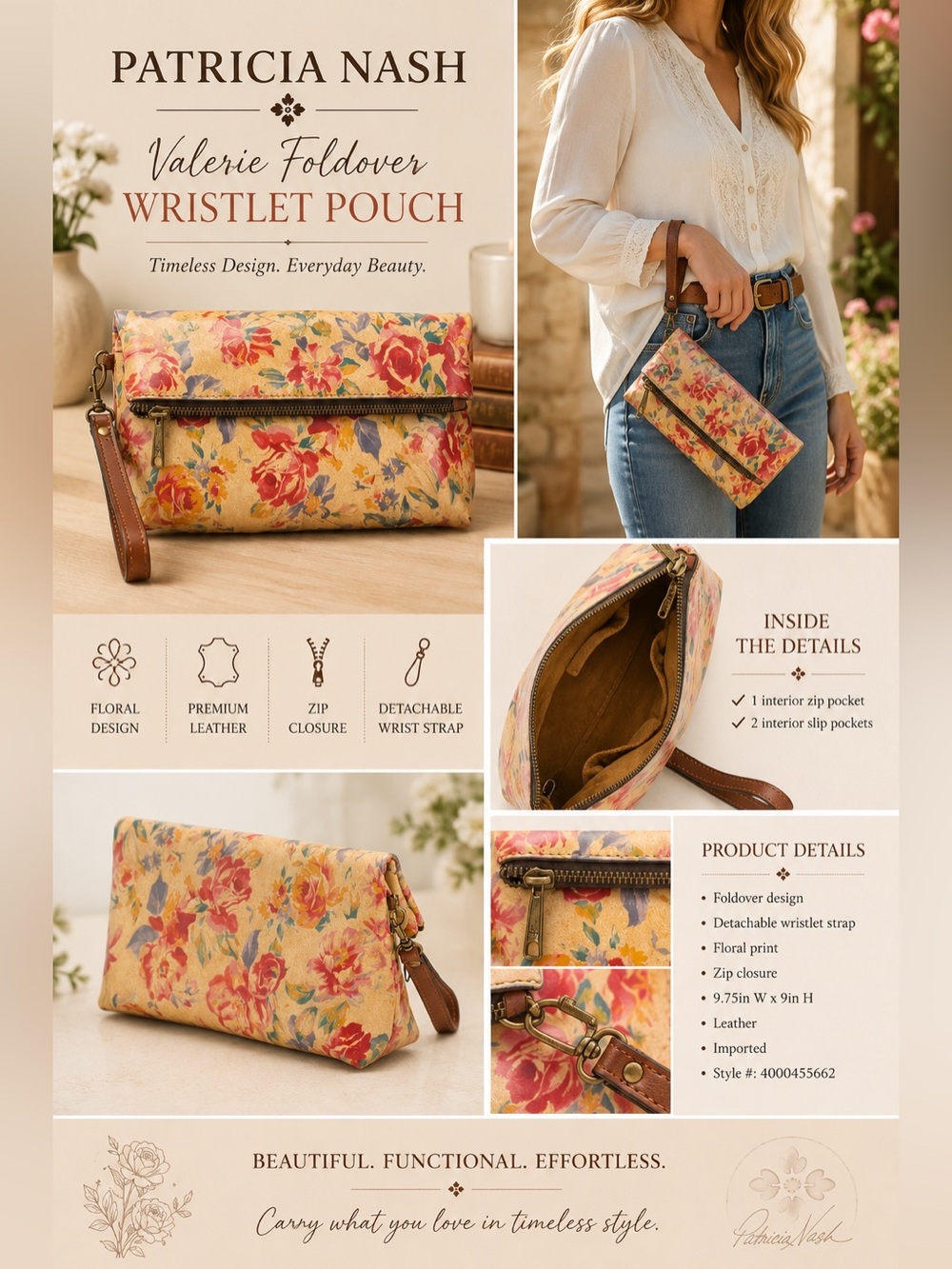NWT Patricia Nash Valerie Aegean Bloom Leather Foldover Wristlet Pouch